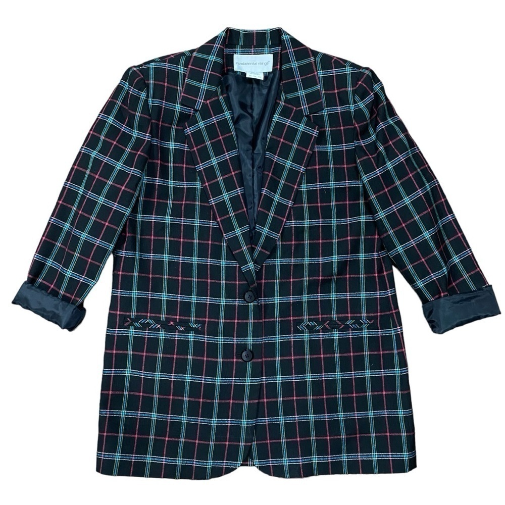 VTG Fundamental Things Oversized Plaid Black Multi Color Blazer Jacket Size 10